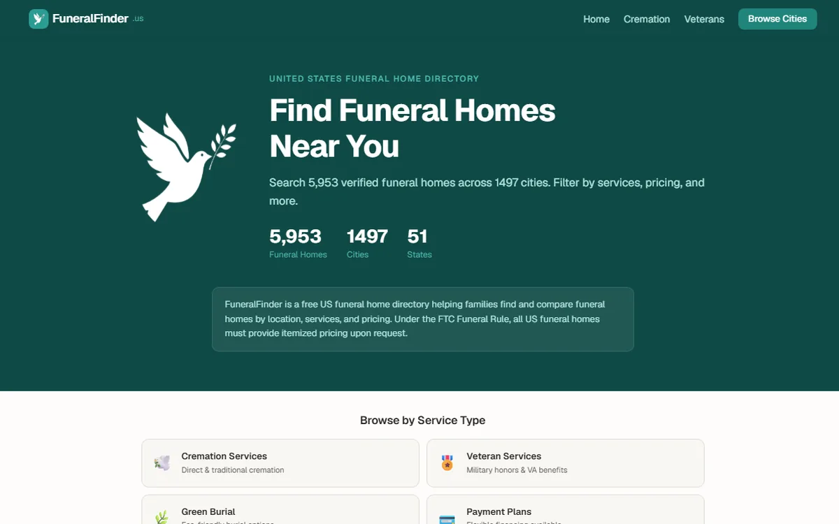 Screenshot of the Funeral Finder homepage